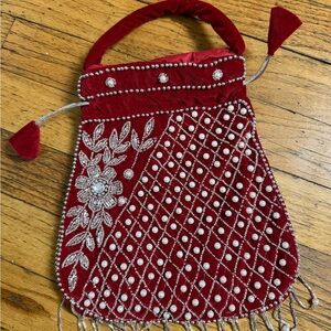 Elegant Red Velvet Embellished Handbag